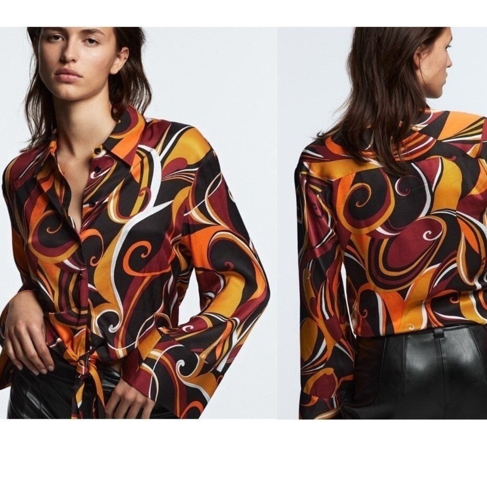 Zara Swirl Print Tie Front Blouse Womens XS Orange Black 70s Retro Festival Boho